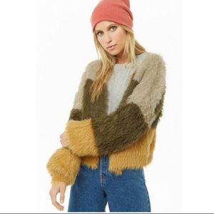 Color block shaggy faux fur cardigan